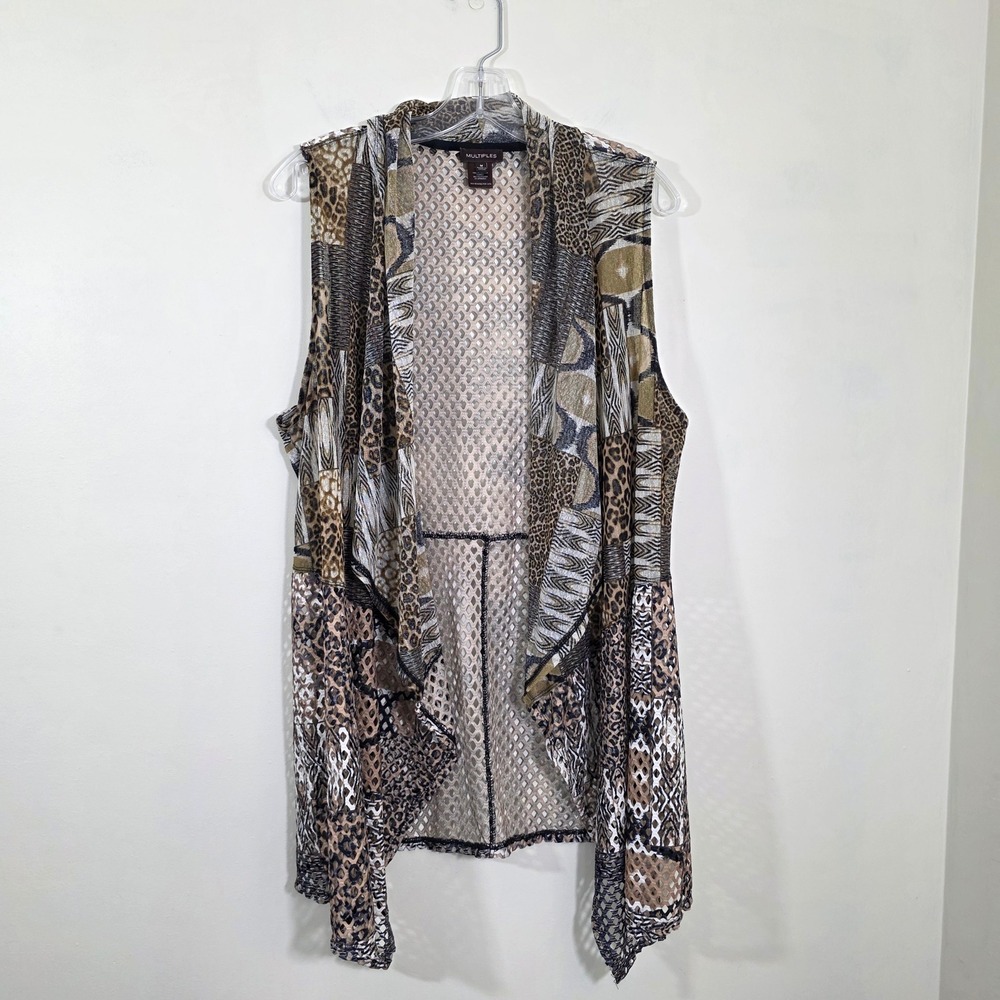 Multiples Womens Vest Animal Print Mesh Draped Open Front Sleeveless Brown Sz M